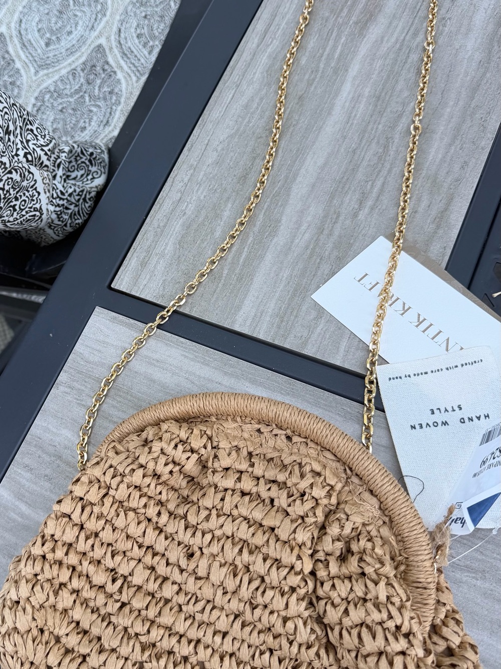Handwoven Tan Straw Crossbody Bag with Gold Chain